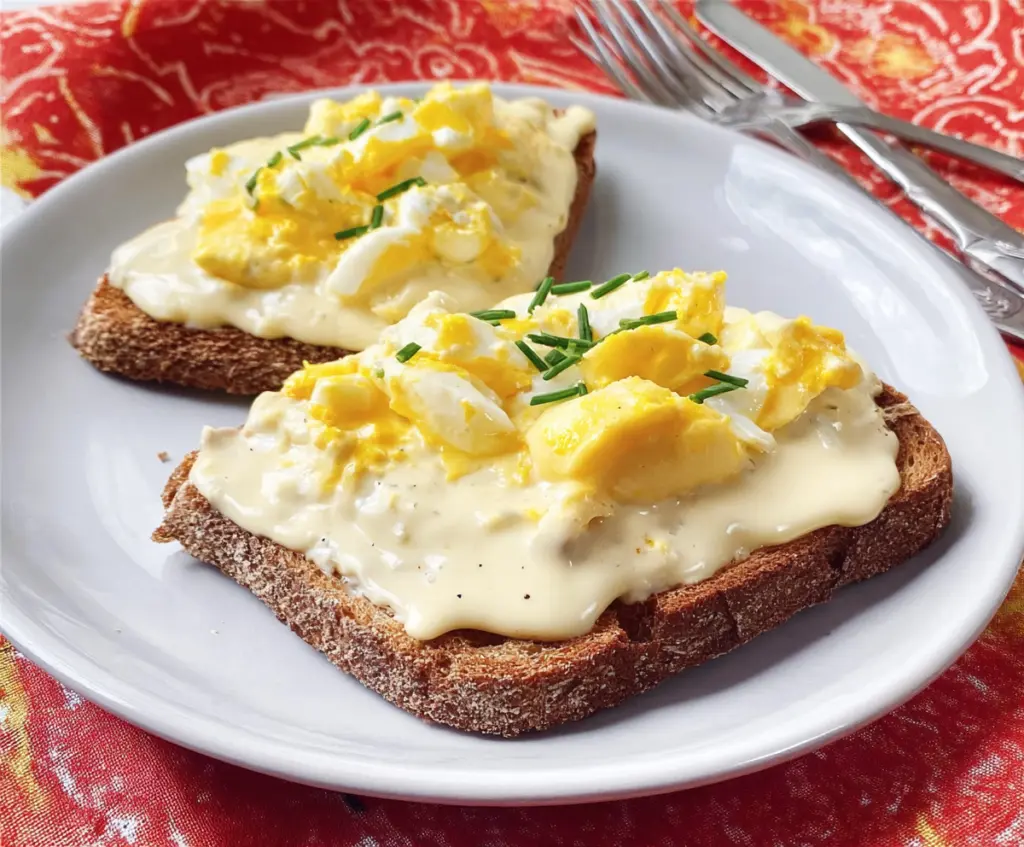 Creamed eggs served on toasted bread with a creamy sauce for breakfast or brunch.