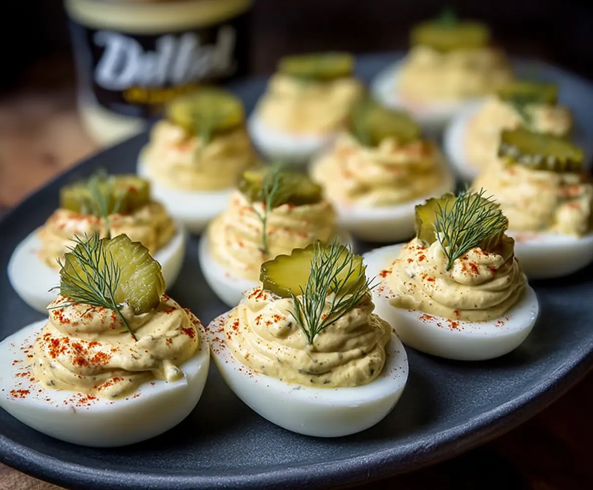 Delicious Dill Pickle Deviled Eggs garnished with fresh herbs on a white plate