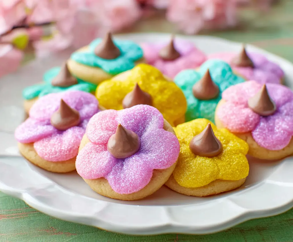 Decorative Easter Blossom Cookies featuring colorful floral icing and festive holiday themes.
