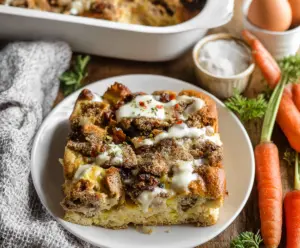 Delicious Easter Breakfast Bake featuring eggs, cheese, and fresh herbs in a baking dish.