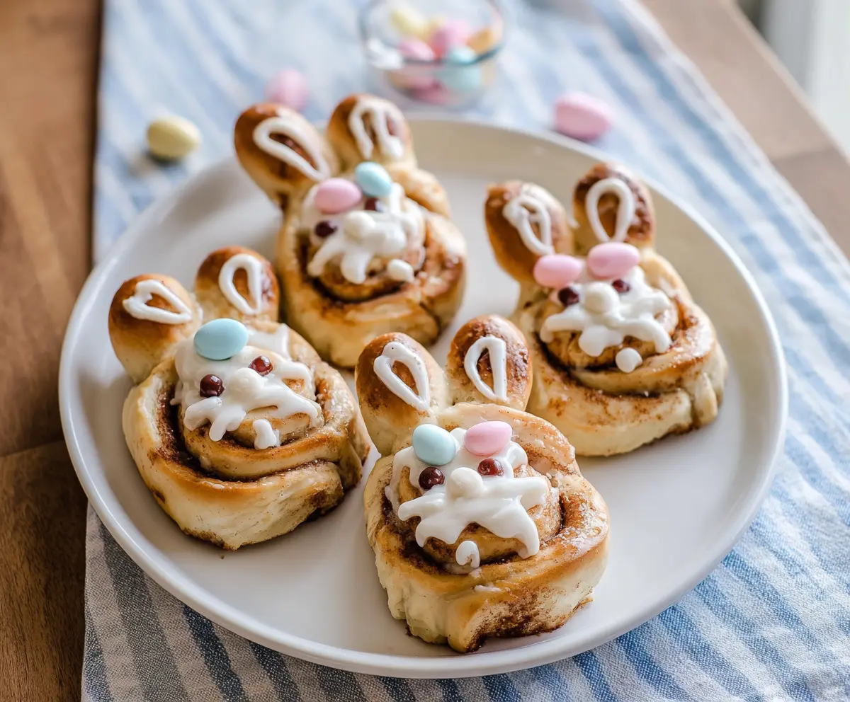 Easter Bunny Cinnamon Rolls decorated with icing and colorful sprinkles for a festive holiday treat.