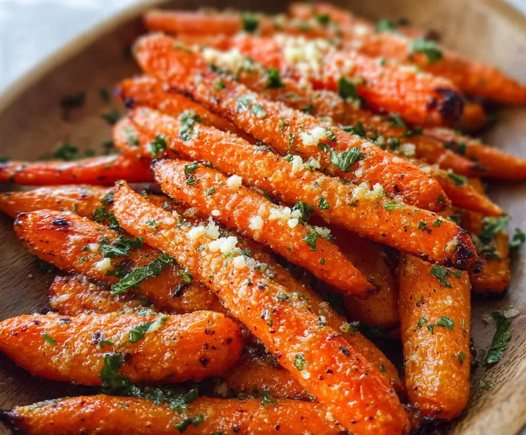 Delicious garlic Parmesan roasted carrots on a plate, garnished with fresh herbs