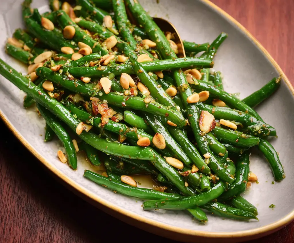 Fresh green beans tossed with crunchy pine nuts for a healthy side dish.