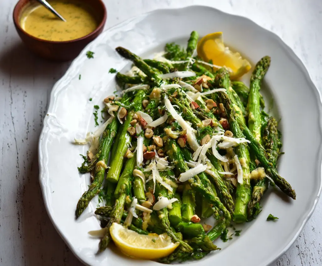 Fresh lemon asparagus salad topped with shaved cheese and nuts, perfect for a light, healthy meal.