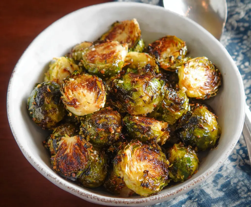 Delicious roasted Brussels sprouts garnished with herbs, perfect for a healthy side dish.