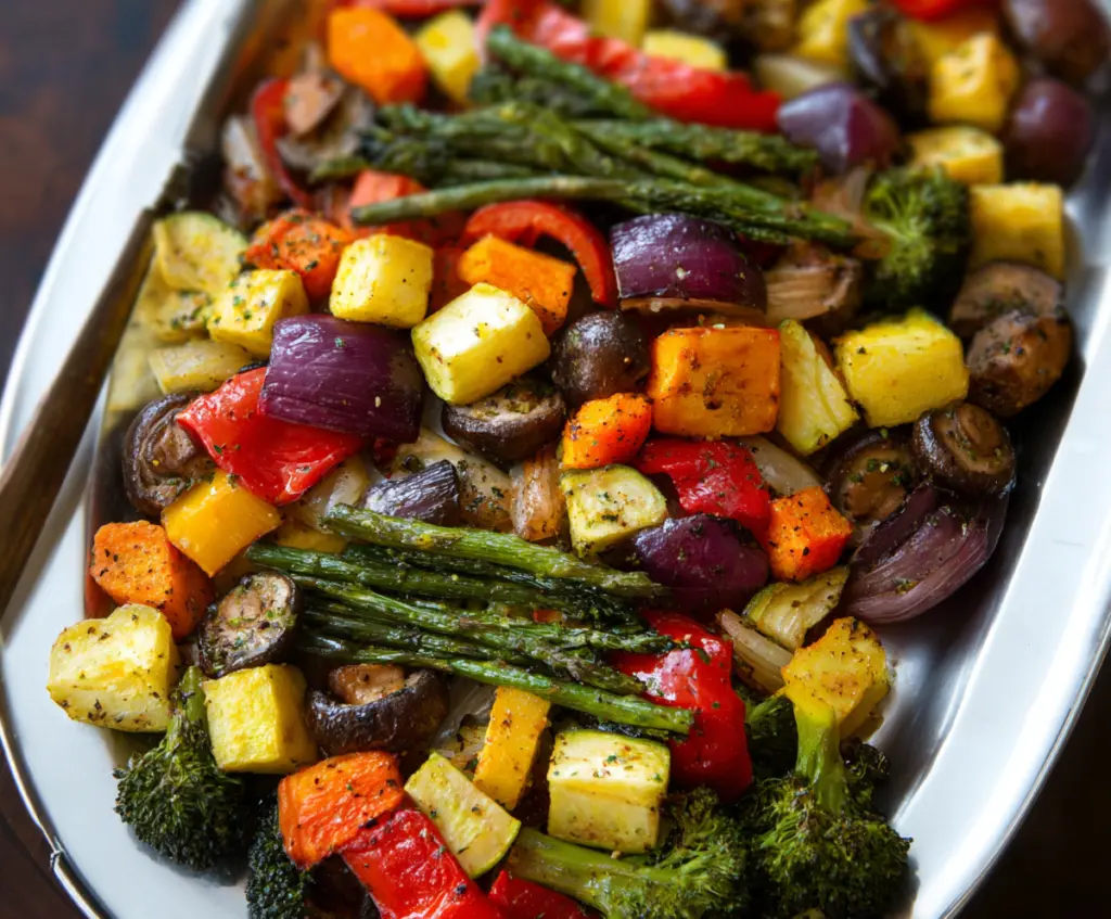 Colorful roasted vegetables on a baking tray, perfect for a healthy meal.