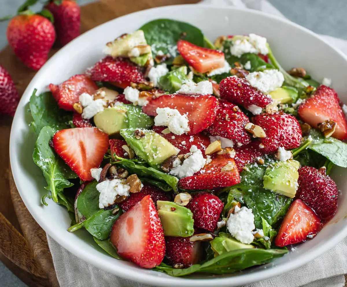 Fresh strawberry spring salad with mixed greens, feta cheese, and a honey vinaigrette.