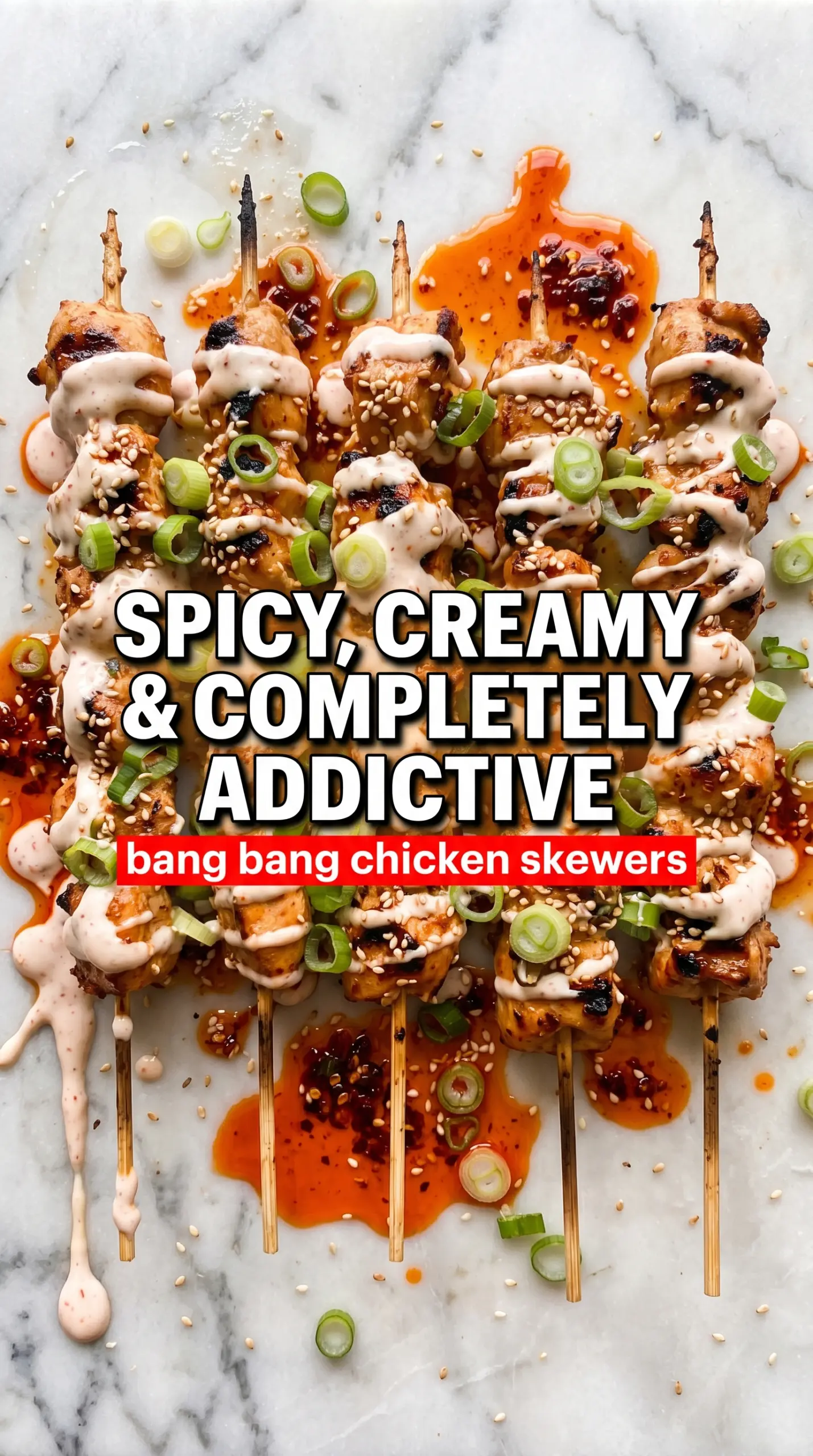 Bang Bang Chicken Skewers grilled, spicy, saucy