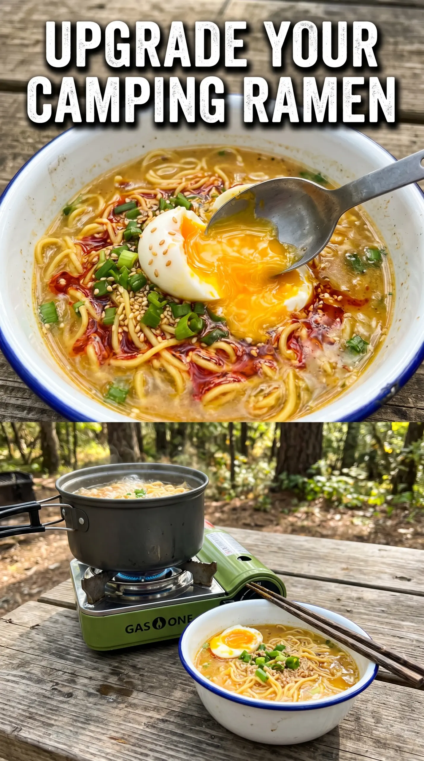 Ramen While Camping steaming broth, eggs, vegetables