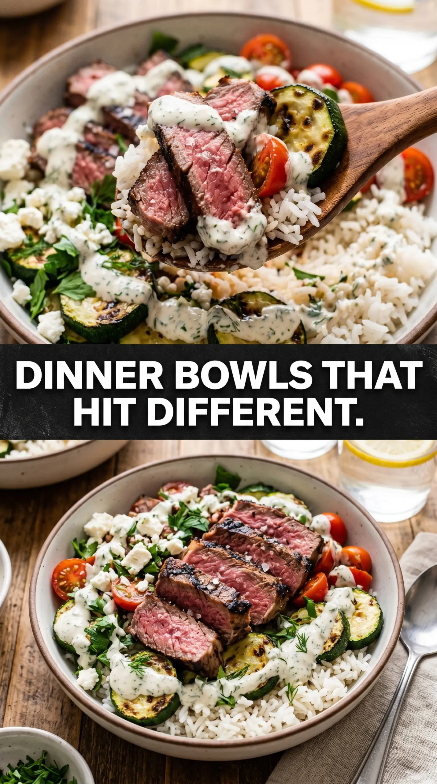 Cozy Grilled Steak Bowl with Zucchini, grilled steak, charred zucchini, rice bowl