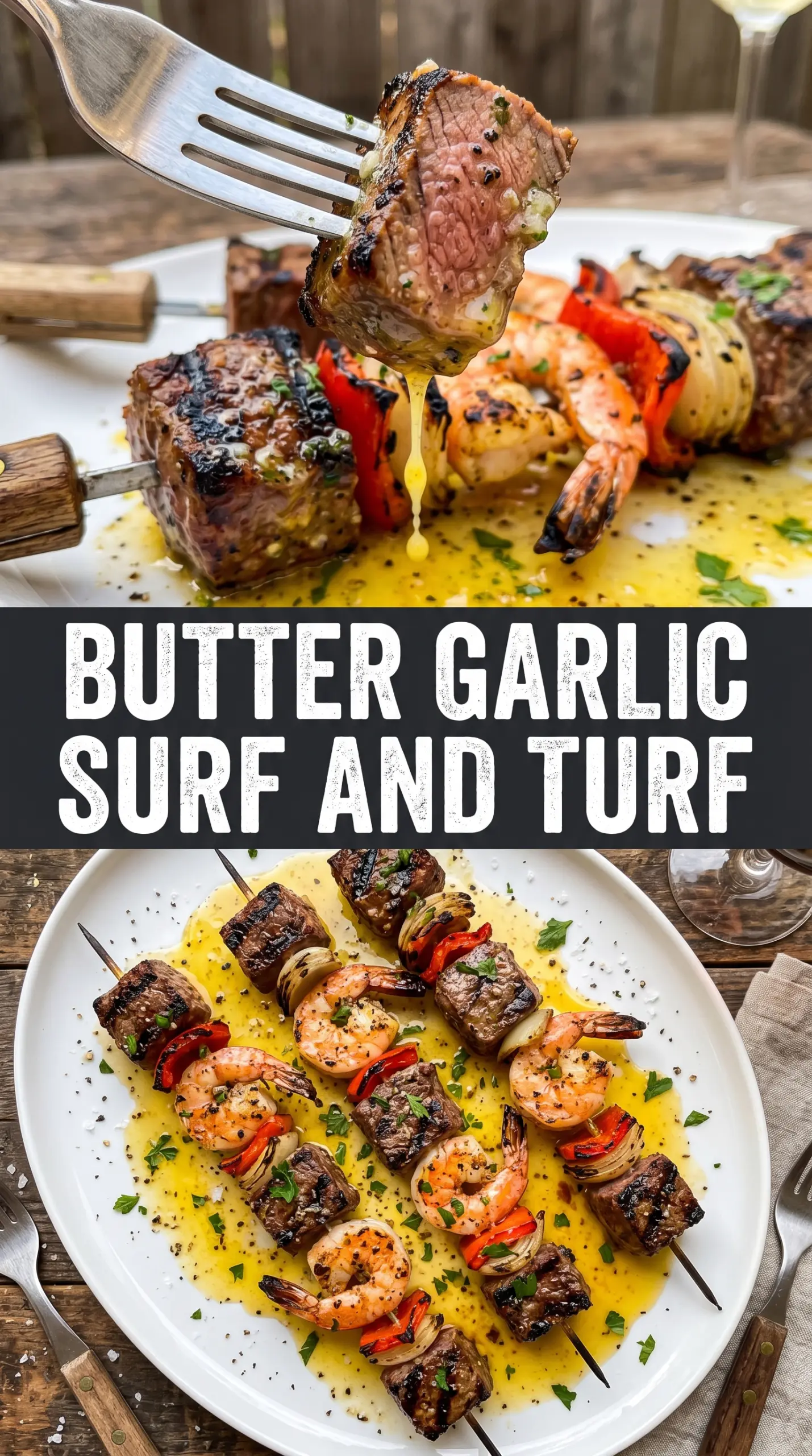 Grilled Garlic Butter Steak and Shrimp Kabobs smoky savory glossy