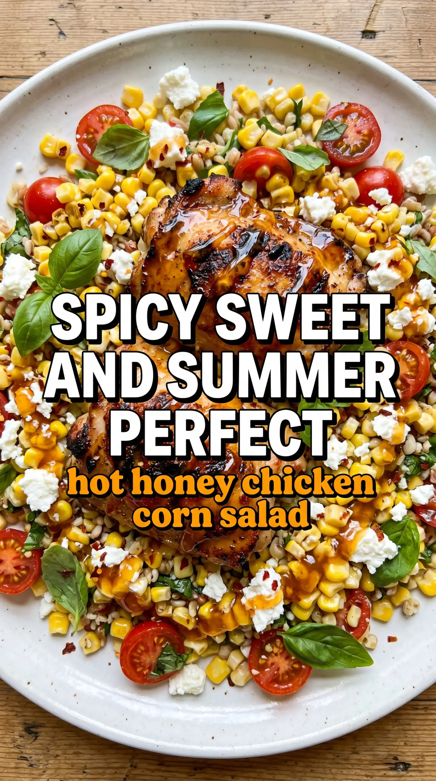 Grilled hot honey chicken with sweet corn salad, spicy, vibrant, fresh