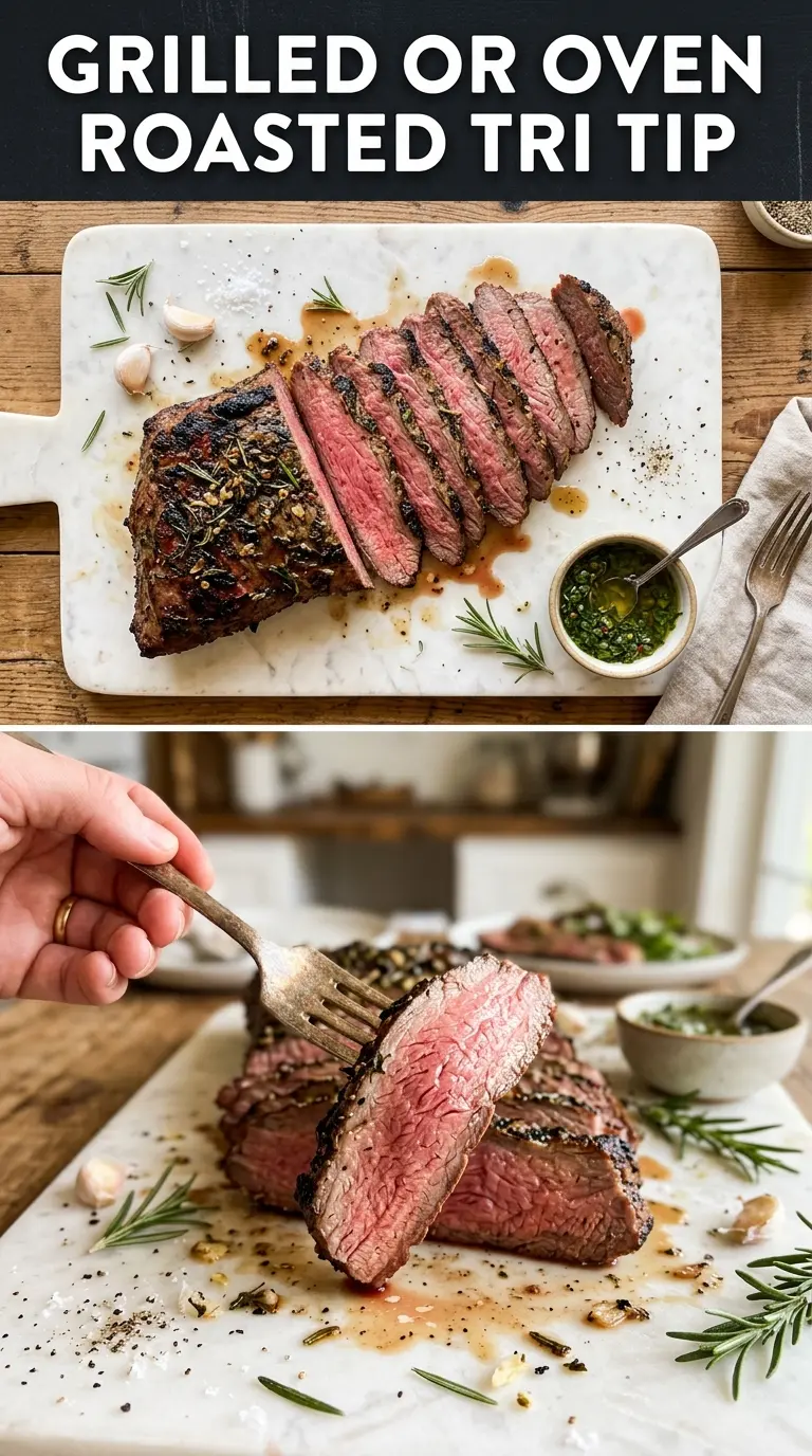 Tri tip grilled or oven-roasted, crusty beef, pink center