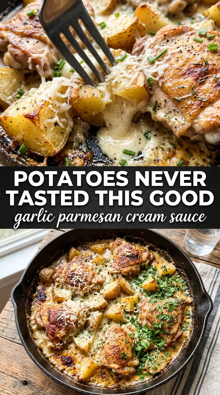 Chicken and Potatoes with Garlic Parmesan Cream Sauce, creamy skillet dinner, golden chicken