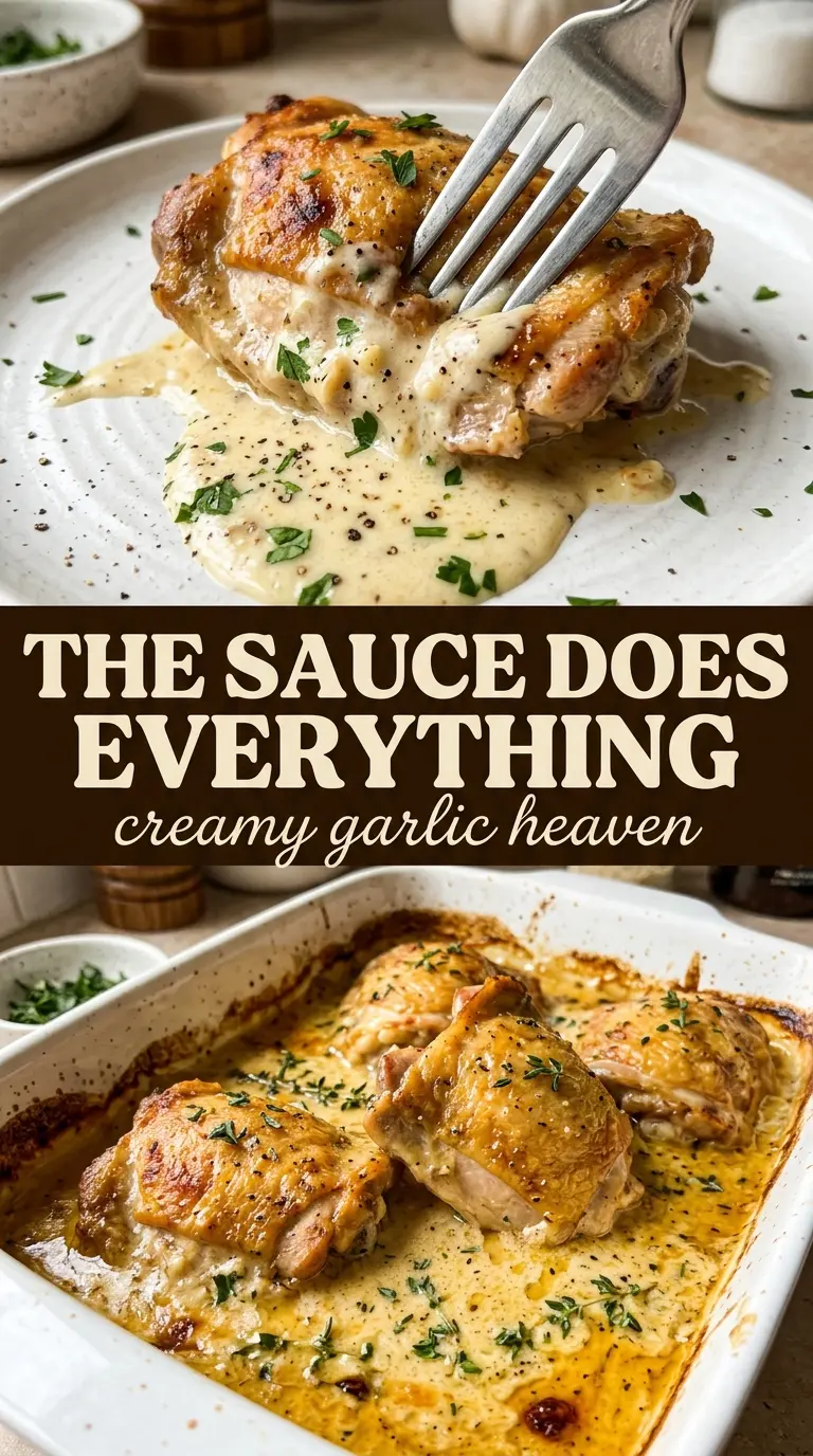 Creamy Oven Baked Chicken Thighs with mushrooms, garlic, and parmesan