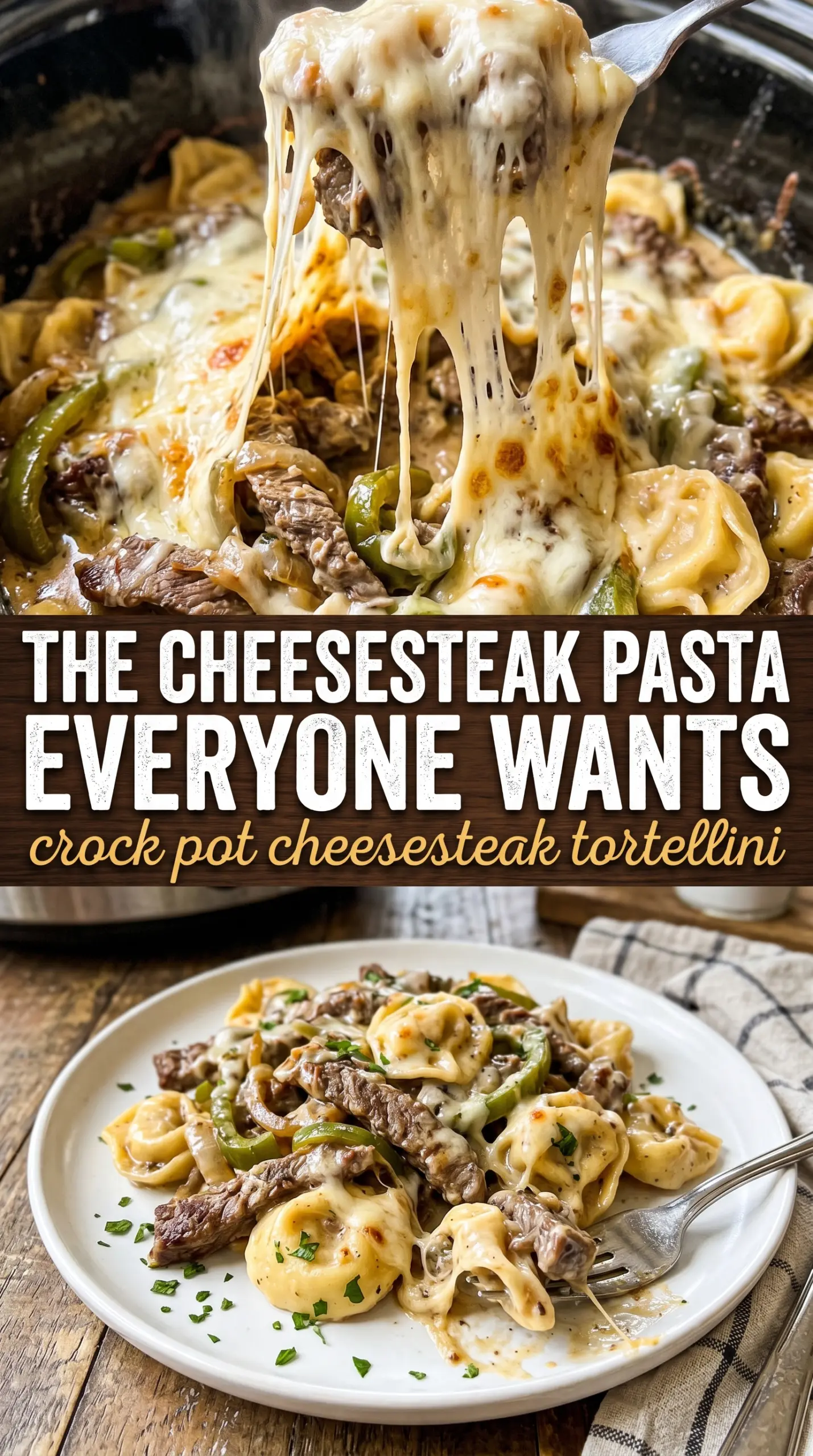 Crock Pot Cheesesteak Tortellini cheesy steak pasta