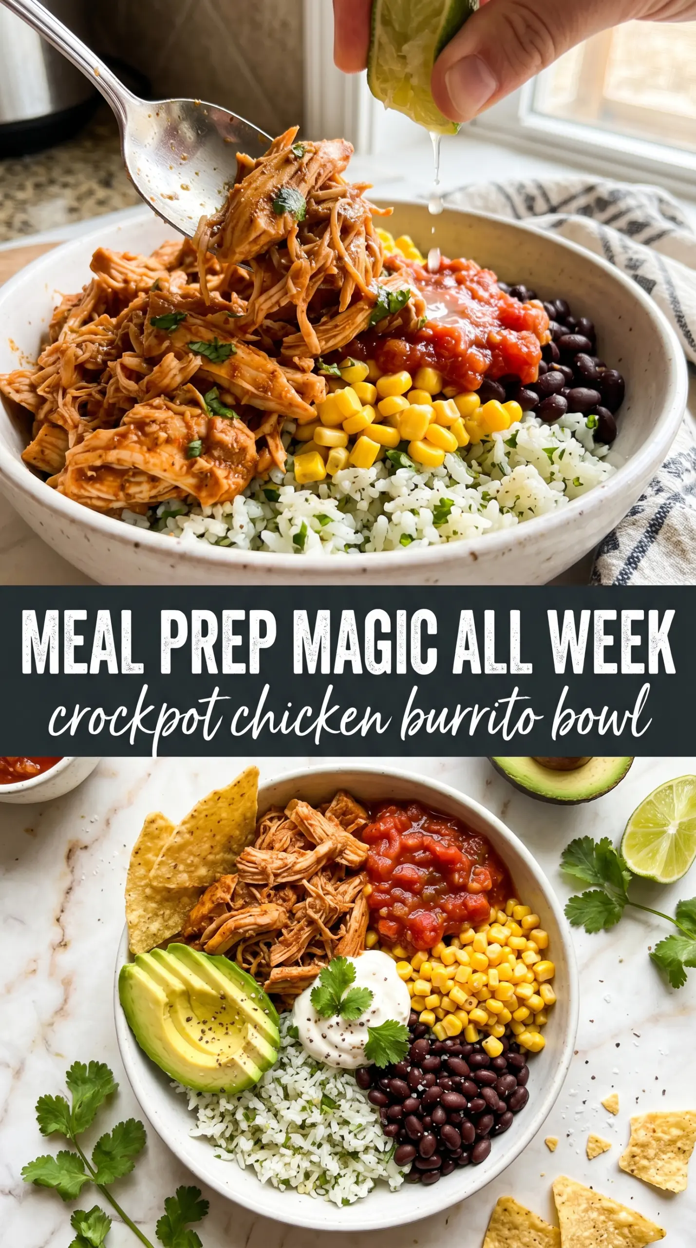 Crockpot Chicken Burrito Bowl loaded Tex-Mex