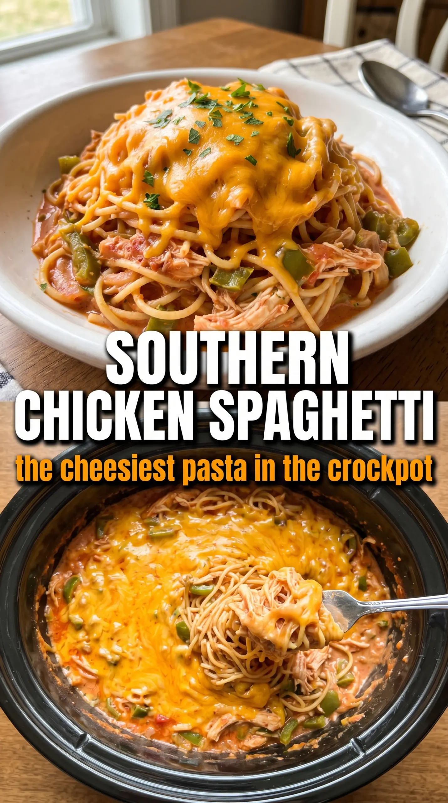 Crockpot Chicken Spaghetti creamy cheesy