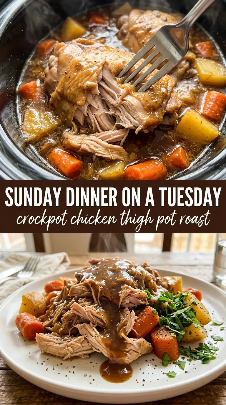 Crockpot Chicken Thigh Pot Roast rustic herb vegetables
