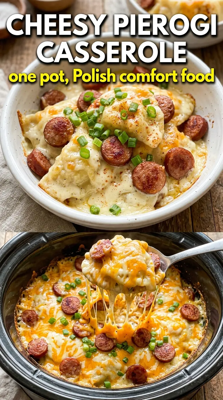 Crockpot Pierogi Casserole with Kielbasa creamy cheesy