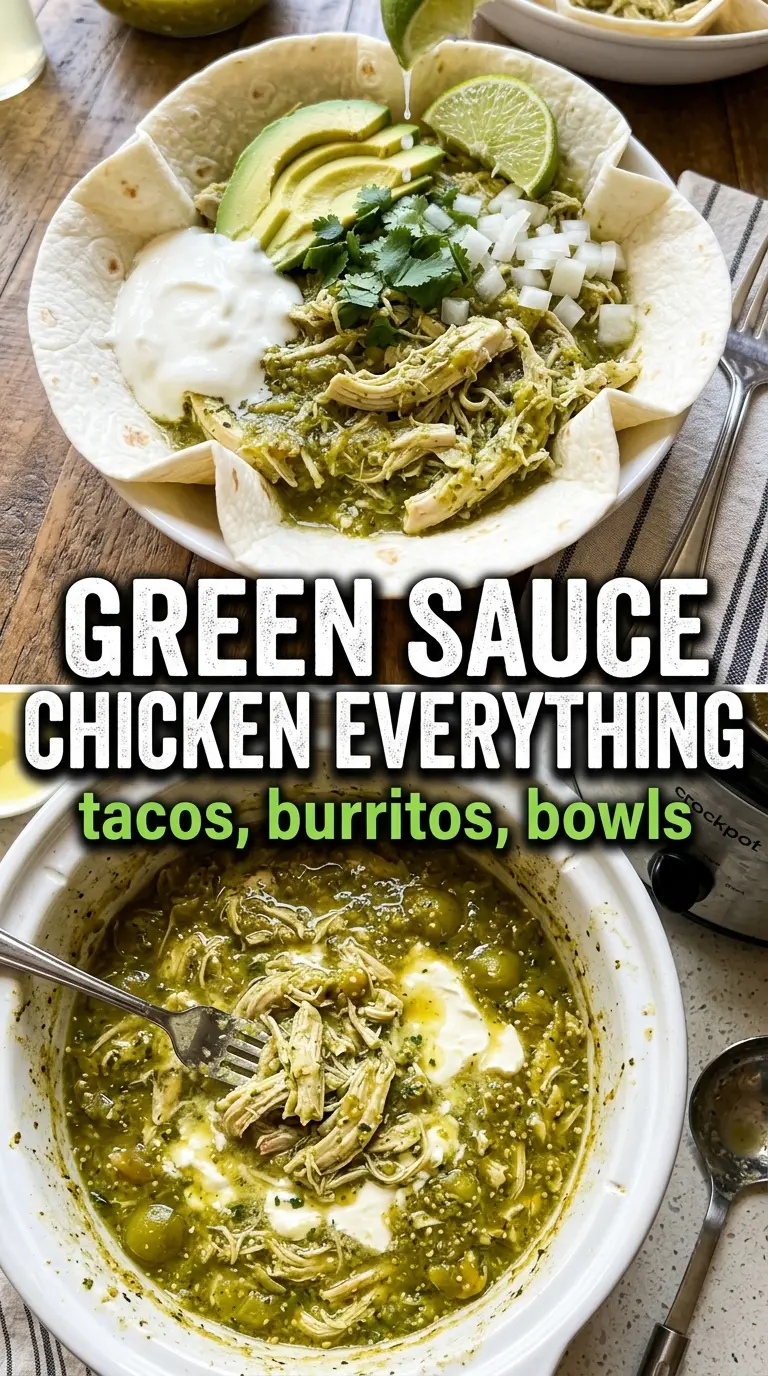 Crockpot Salsa Verde Chicken juicy tangy shredded