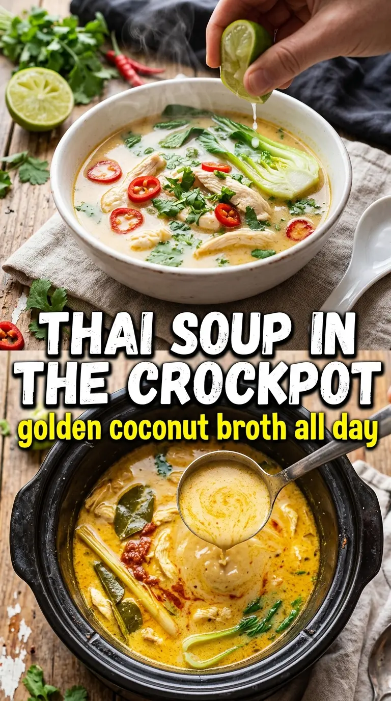 Crockpot Thai Coconut Chicken Soup creamy coconut broth, Thai-inspired garnish