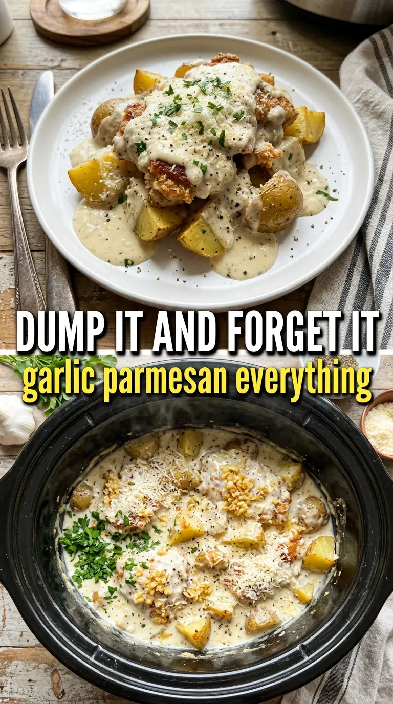 Garlic Parmesan Crockpot Chicken and Potatoes with crispy skin, baby potatoes, and parsley