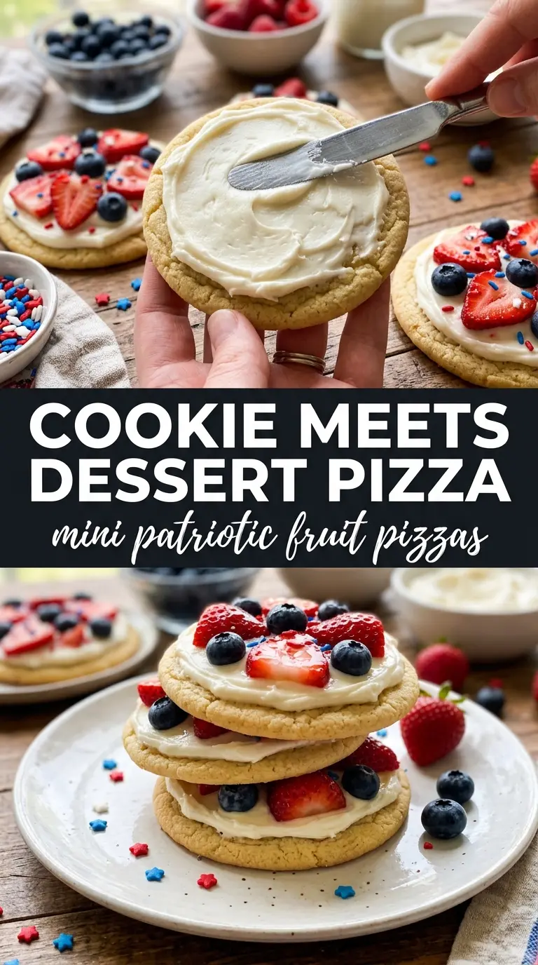Mini Patriotic Fruit Pizzas with berries, cream cheese, cookie base