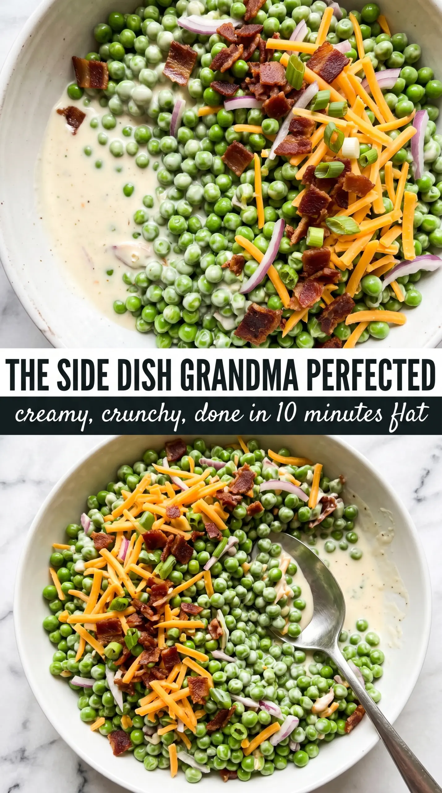 Creamy pea salad bright green peas bacon cheddar red onion