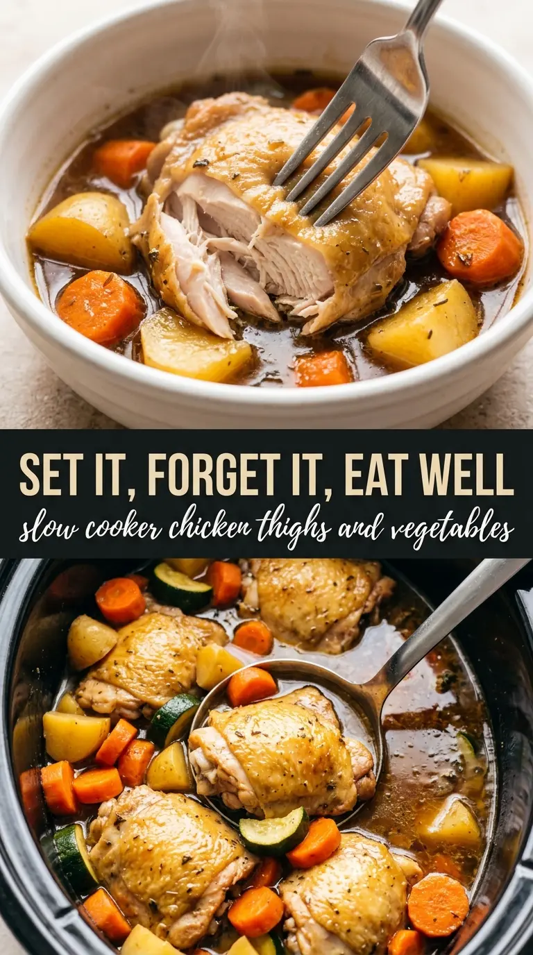 Slow Cooker Chicken Thighs with Hearty Vegetables, savory herb broth