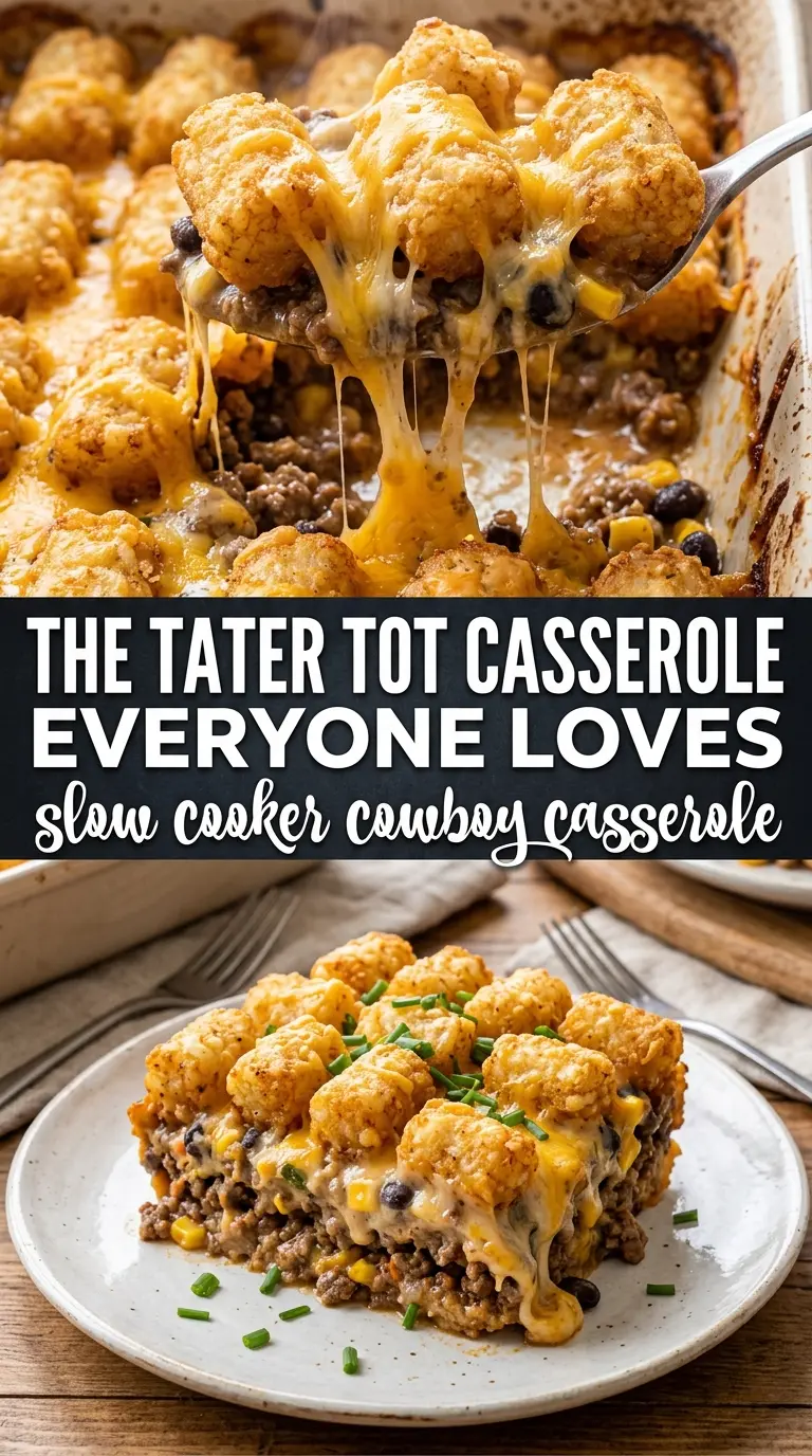 Slow Cooker Cowboy Casserole cheesy hearty tater tots