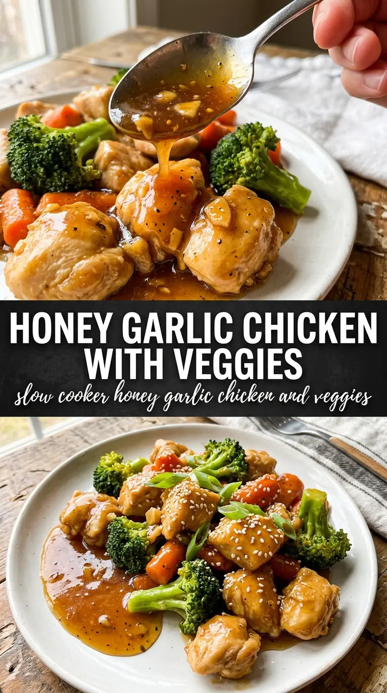 slow cooker honey garlic chicken and veggies, glossy tender-crisp