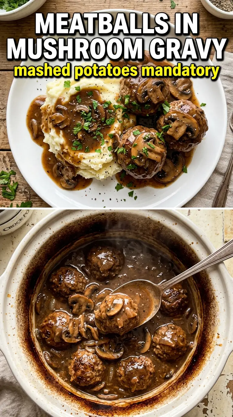 Slow Cooker Salisbury Steak Meatballs, savory gravy, mushroom slices