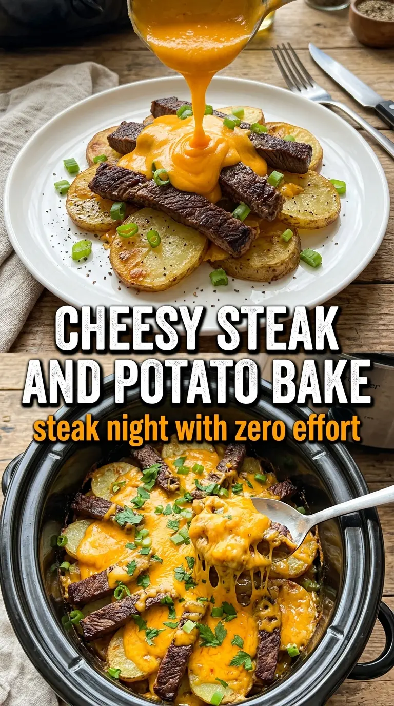 Slow Cooker Steak and Cheddar Potato Casserole cheesy steak potatoes