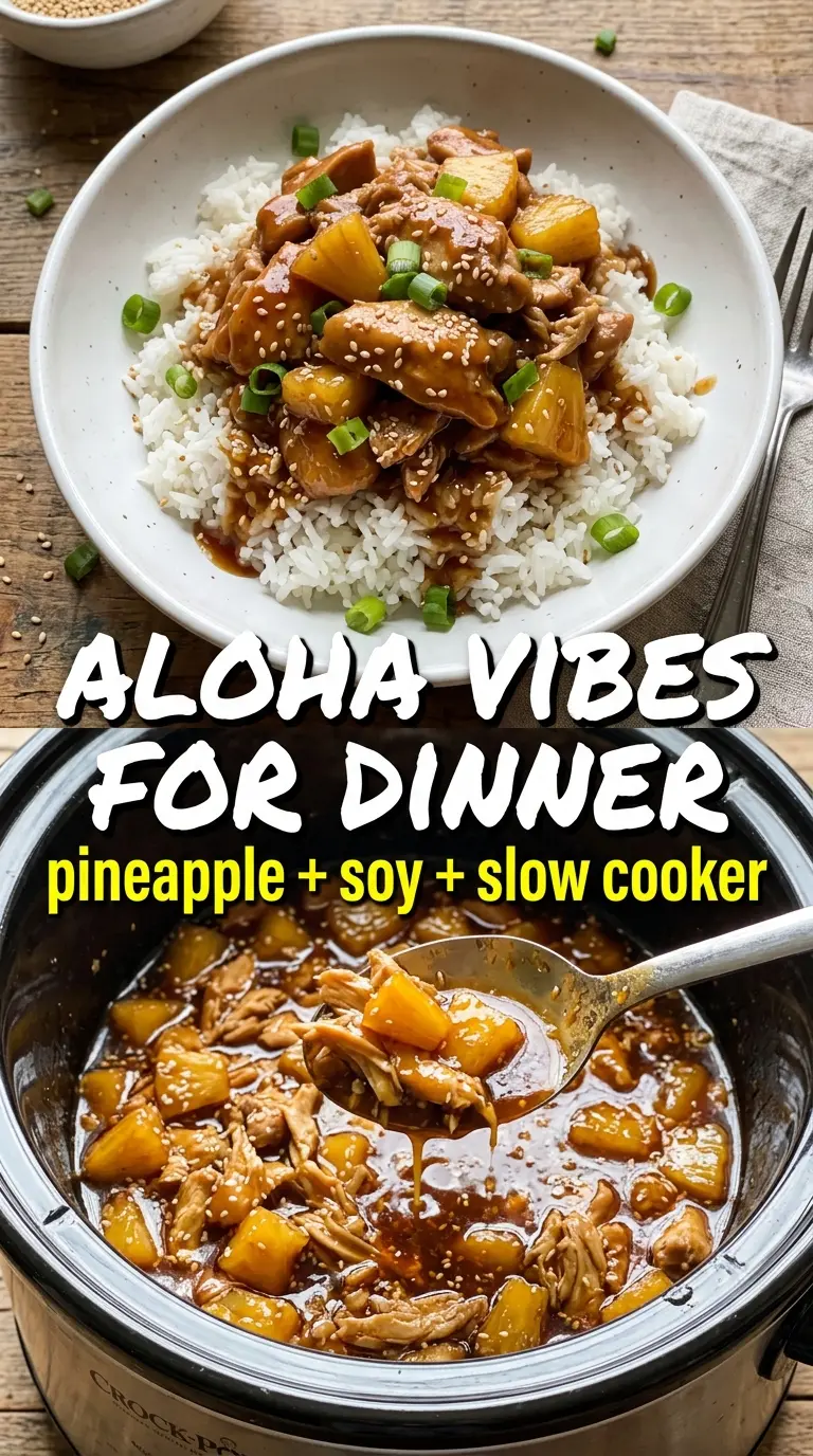 Sweet Hawaiian Crockpot Chicken with pineapple, glossy sauce, and rice