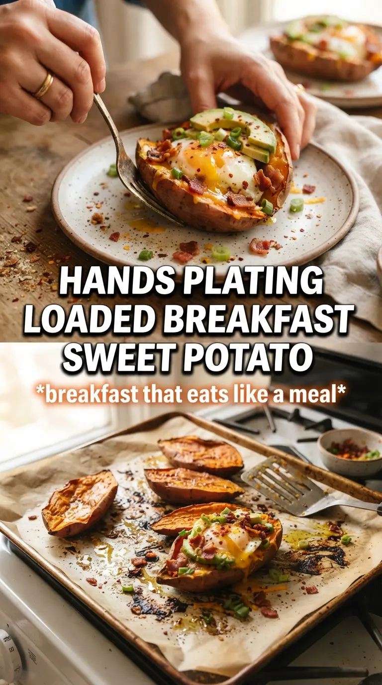 Breakfast Sweet Potato loaded eggs bacon cheddar