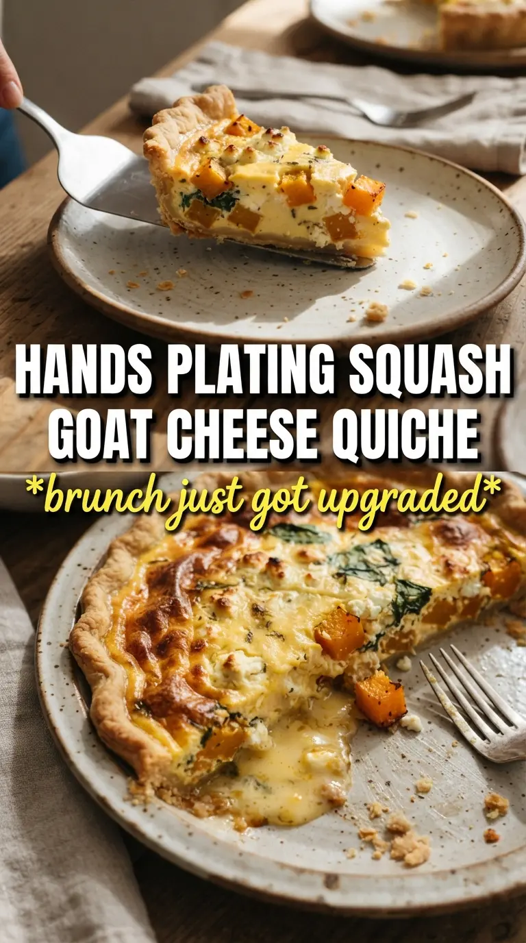 Butternut Squash Goat Cheese and Caramelized Onion Quiche with golden custard, thyme, and roasted squash