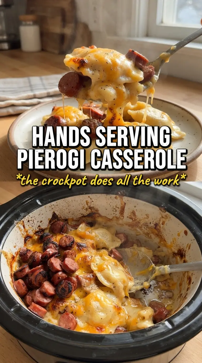 Crockpot Pierogi Casserole With Kielbasa cheesy creamy smoky