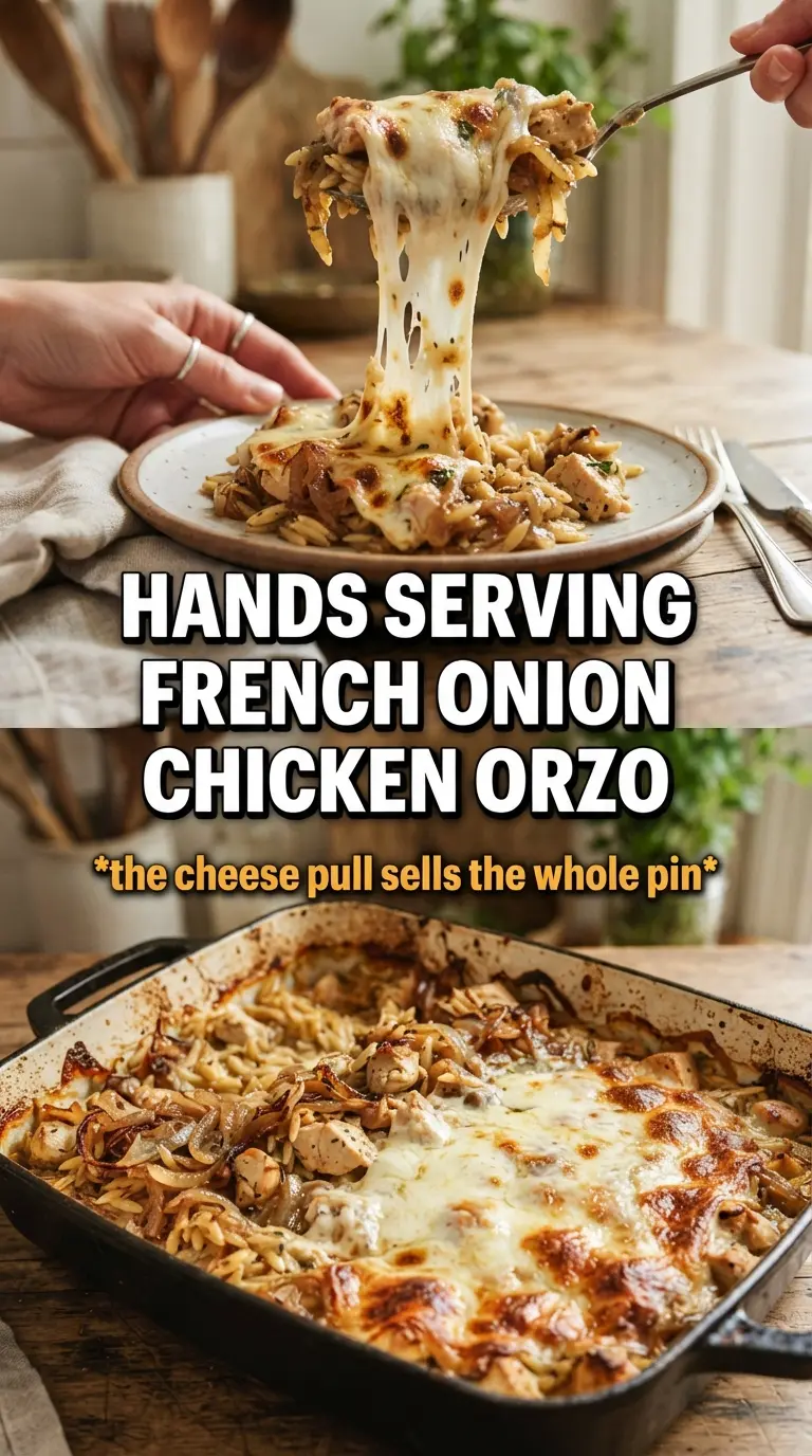 French Onion Chicken Orzo Casserole caramelized creamy cheesy