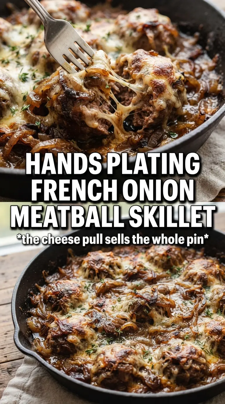 French Onion Meatball Skillet caramelized onions Gruyere skillet