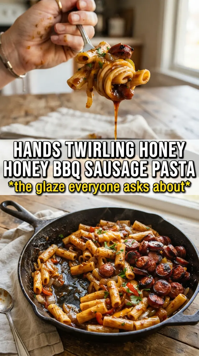 Honey BBQ Sausage Pasta sticky glossy rigatoni caramelized