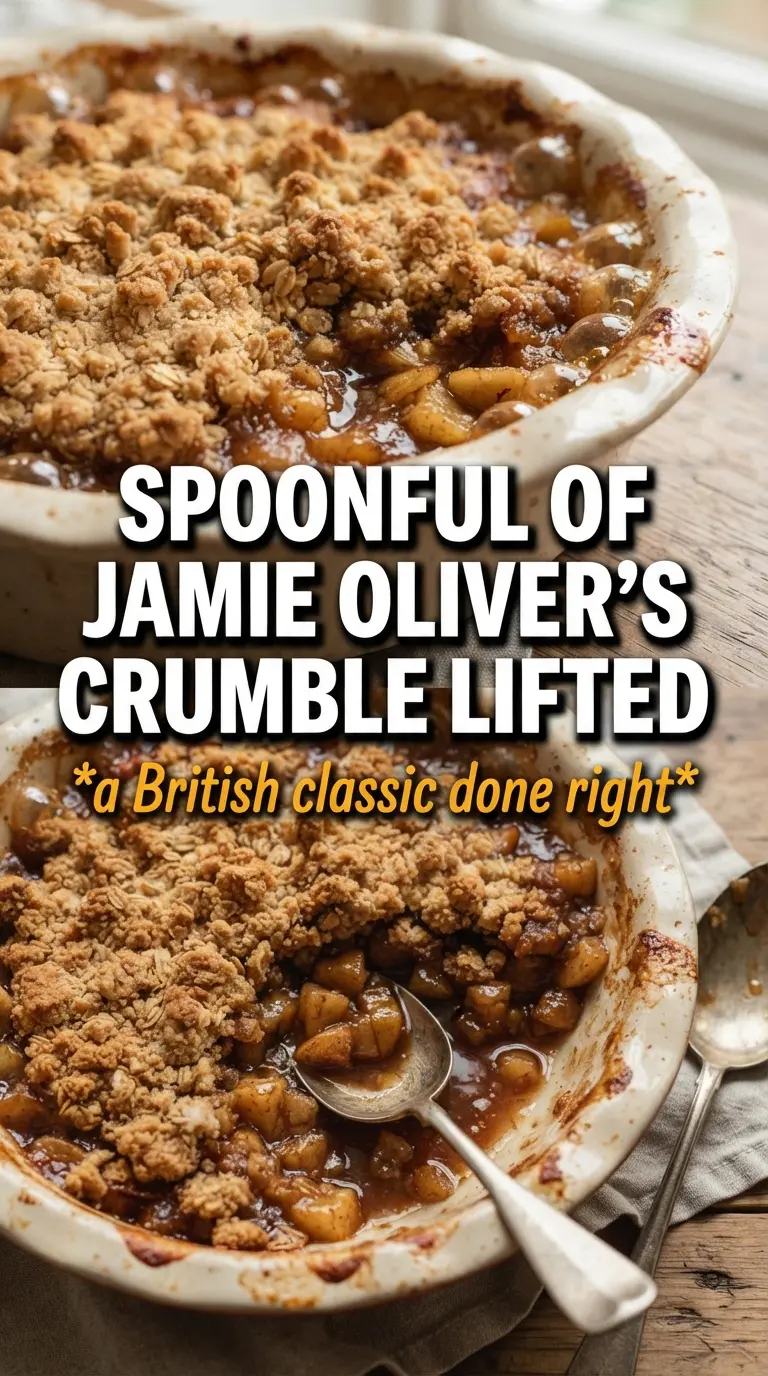 Jamie Oliver apple crumble with crisp topping, bubbling fruit, custard