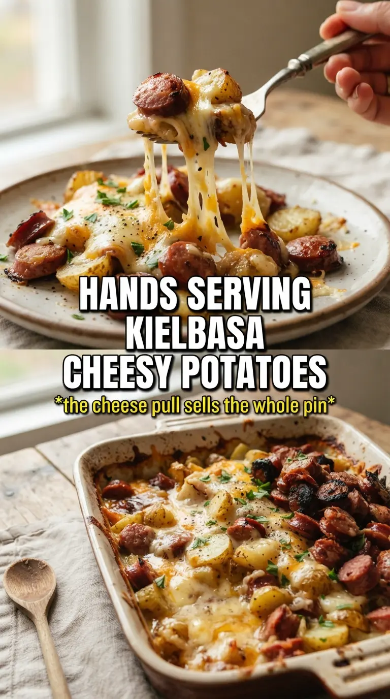Kielbasa sausage cheesy potato casserole creamy golden bubbly