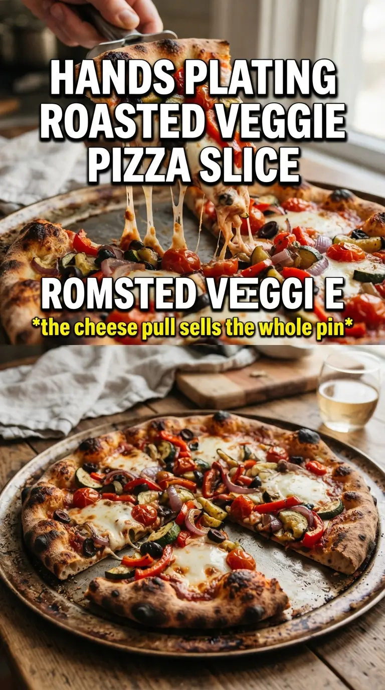 roasted vegetable pizza with caramelized veggies, melted cheese, and balsamic drizzle
