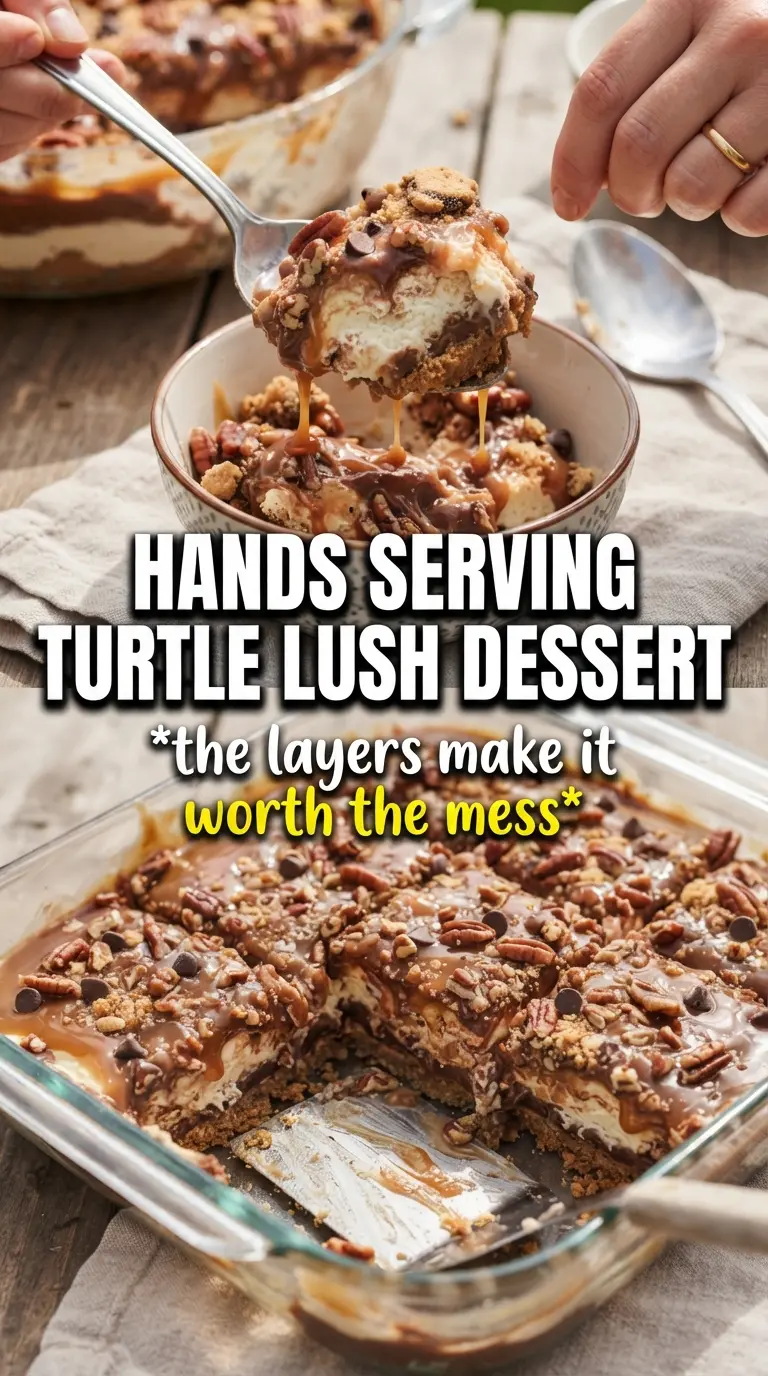 Turtle Lush layered dessert chocolate caramel pecans